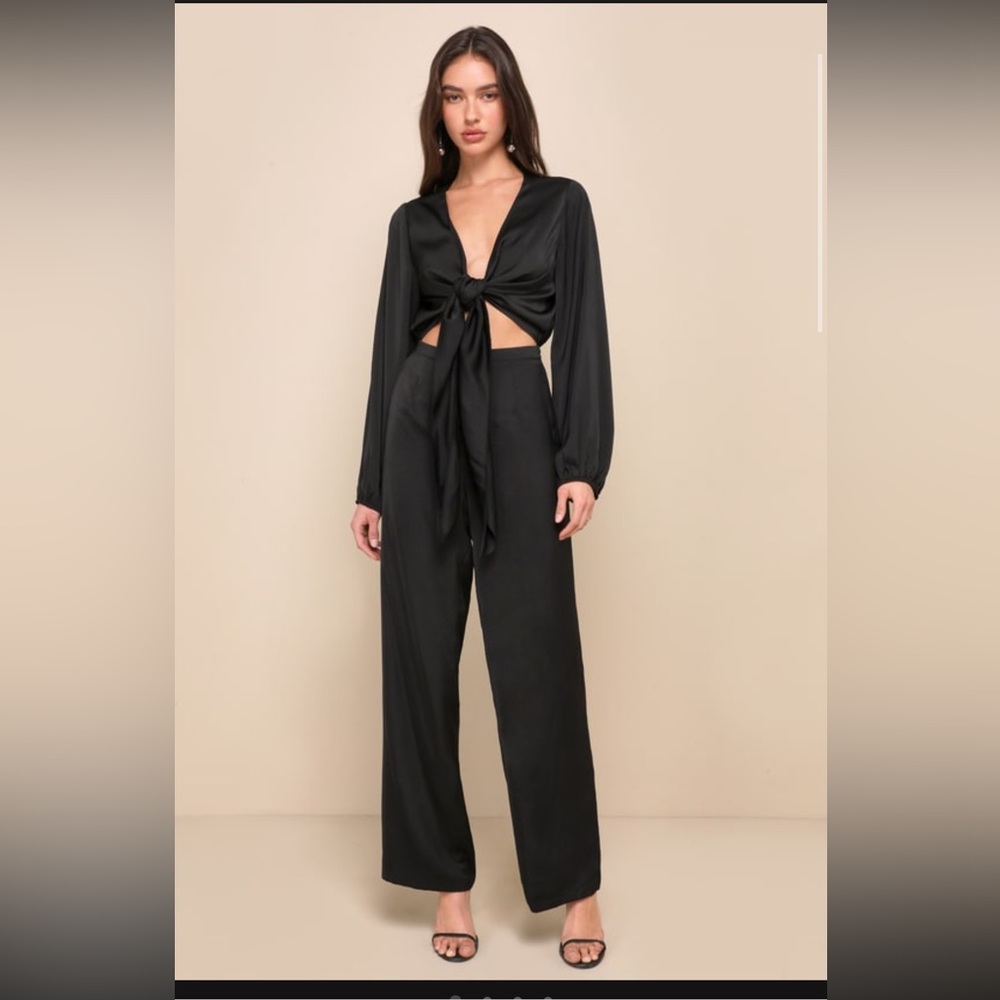 Lulus Black Satin Tie-Front Wide-Leg Jumpsuit